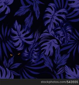Nightlife jungle tropical leaves seamless pattern with eyes panther in the night sky