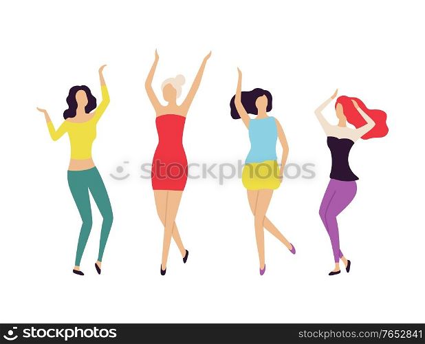 Nightlife of women dancing together vector, partying people crowd of females wearing best clothing, hairstyles of dancers. Clubbing ladies partying. Dancing Women Smiling and Moving with Music Vector