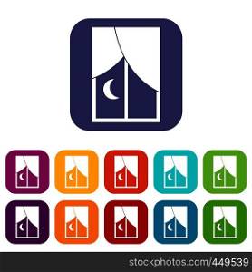 Nightly window icons set vector illustration in flat style In colors red, blue, green and other. Nightly window icons set flat