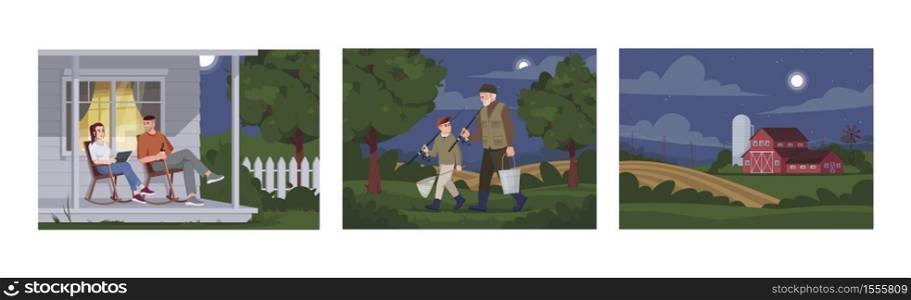 Nighttime family activity in village semi flat vector illustration set. Grandfather going from fishing with grandson. Couple sit on patio. Farmers 2D cartoon characters for commercial use. Nighttime family activity in village semi flat vector illustration set