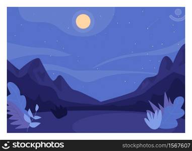 Nighttime forest clearing flat color vector illustration. Romantic night in woods. Place for hiking in jungle. Midnight in nature. Outside 2D cartoon landscape with panoramic mountains on background. Nighttime forest clearing flat color vector illustration