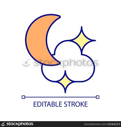 Nighttime RGB color icon. Night sky with moon, clouds and stars. Perfect time to look at the stars and moon. Isolated vector illustration. Simple filled line drawing. Editable stroke. Nighttime RGB color icon