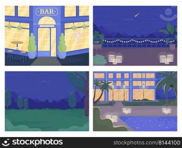 Nighttime scenes flat color vector illustrations set. Cityscapes and nature view. Fully editable 2D simple cartoon landscapes with dark sky on background collection. Cardo font used. Nighttime scenes flat color vector illustrations set