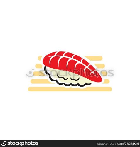 Nigiri sushi with fish and rice, Japanese cuisine food. Vector salmon slice on rice at wooden board. Salmon nigiri sushi on board isolated