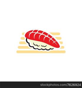 Nigiri sushi with fish and rice, Japanese cuisine food. Vector salmon slice on rice at wooden board. Salmon nigiri sushi on board isolated