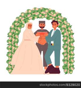 Nikah ceremony flat concept vector spot illustration. Young muslim couple making wedding vows in front of imam 2D cartoon characters on white for web UI design. Isolated editable creative hero image. Nikah ceremony flat concept vector spot illustration