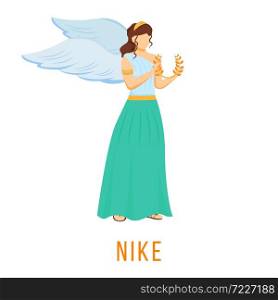 Nike flat vector illustration. Goddess of speed, strength and victory. Ancient Greek deity. Divine mythological figure. Isolated cartoon character on white background. Nike flat vector illustration
