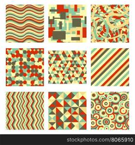 Nine abstract seamless patterns in retro colours. Set of nine abstract seamless patterns in retro colours