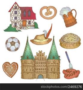 Nine isolated hand drawn germany decorative elements set with traditional house and castle fronts and food vector illustration. Colorful Germany Icon Set
