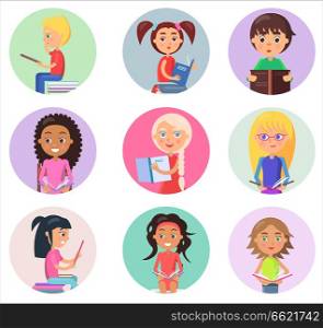 Nine reading children holding open schoolbooks in round color icons isolated on white vector illustrations in cartoon style. Reading Children in Round Icons Isolated on White