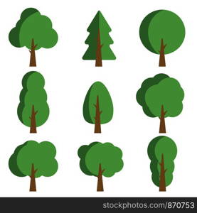 nine trees set on white background, flat vector illustration