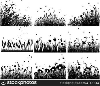 Nine vector grass silhouettes backgrounds. All objects are separated.