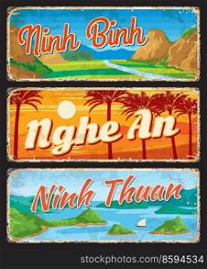 Ninh Binh, Nghe An and Ninh Thuan, Vietnam provinces travel plates and vector stickers. Vietnamese regions tin signs or luggage tags with landmarks, tourism and vacations sightseeing places. Ninh Binh, Nghe An, Ninh Thuan, Vietnam provinces