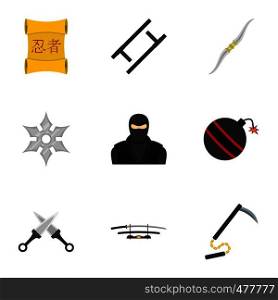 Ninja arsenal icons set. Flat set of 9 ninja arsenal vector icons for web isolated on white background. Ninja arsenal icons set, flat style
