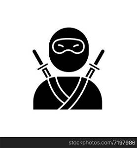 Ninja black glyph icon. Traditional japanese fighter. Asian assassin in mask and costume. Samurai with two katanas. Mercenary with sword. Silhouette symbol on white space. Vector isolated illustration