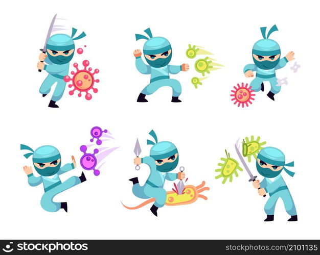 Ninja doctor fight virus. Medical character against microbes. Warrior cuts bacteria with sword and throws shurikens. Health worker combat defense. Vector set of men in protective costume and flu cells. Ninja doctor fight virus. Medical character against microbes. Health worker combat defense. Warrior cuts bacteria with sword and throws shurikens. Vector set of men in protective costume