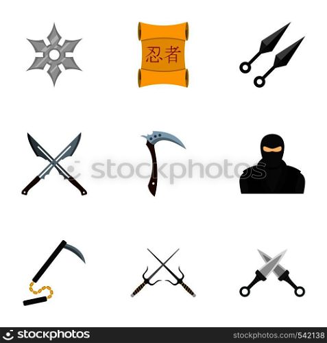 Ninja equipment icons set. Flat set of 9 ninja equipment vector icons for web isolated on white background. Ninja equipment icons set, flat style