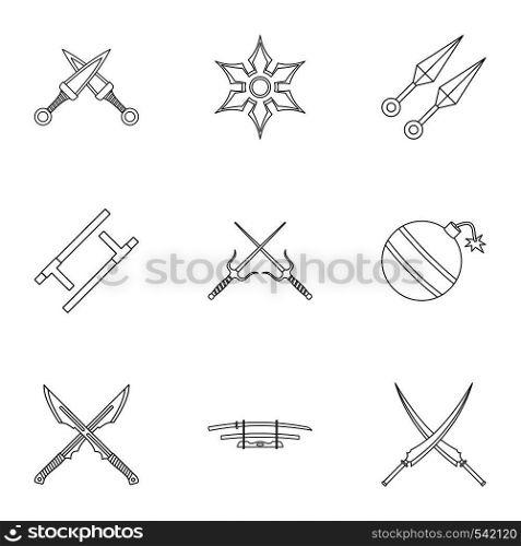 Ninja equipment icons set. Outline set of 9 ninja equipment vector icons for web isolated on white background. Ninja equipment icons set, outline style