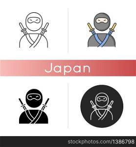 Ninja icon. Traditional japanese fighter. Asian assassin in mask and costume. Samurai with two katanas. Mercenary with sword. Linear black and RGB color styles. Isolated vector illustrations. Ninja icon