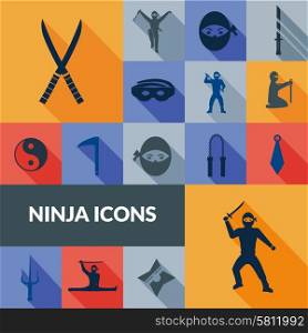 Ninja icons black long shadow set with traditional east weapon isolated vector illustration. Ninja Icons Black Set