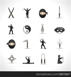 Ninja icons flat set with japanese men in traditional fighting costumes and weapon isolated vector illustration. Ninja Icons Set