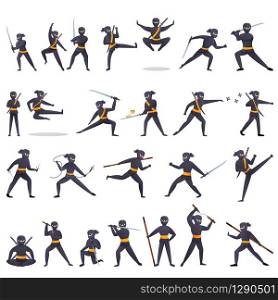 Ninja icons set. Cartoon set of ninja vector icons for web design. Ninja icons set, cartoon style