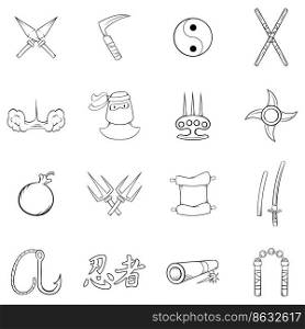 Ninja icons set in outline style isolated on white background. Ninja icons set vector outline