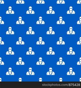 Ninja in black mask pattern repeat seamless in blue color for any design. Vector geometric illustration. Ninja in black mask pattern seamless blue
