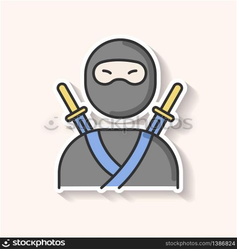 Ninja patch. Traditional japanese fighter. Asian assassin in mask and costume. Samurai with two katanas. Mercenary with sword. RGB color printable sticker. Vector isolated illustration. Ninja patch. Traditional japanese fighter