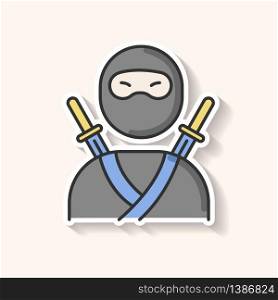 Ninja patch. Traditional japanese fighter. Asian assassin in mask and costume. Samurai with two katanas. Mercenary with sword. RGB color printable sticker. Vector isolated illustration. Ninja patch. Traditional japanese fighter