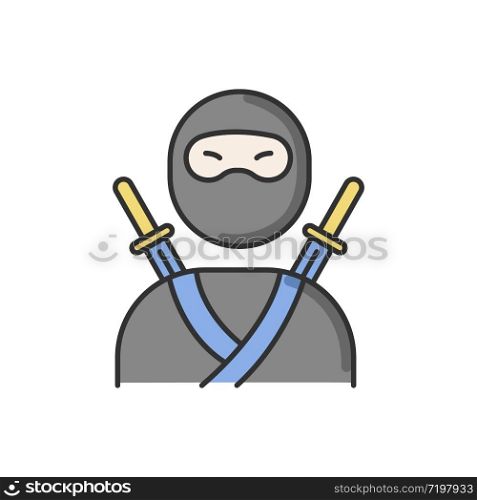 Ninja RGB color icon. Traditional japanese fighter. Asian assassin in mask and costume. Samurai with two katanas. Mercenary with swords on back. Martial arts man. Isolated vector illustration