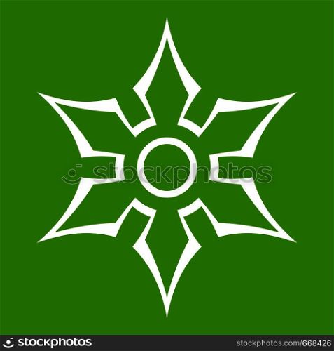 Ninja shuriken star weapon icon white isolated on green background. Vector illustration. Ninja shuriken star weapon icon green