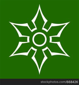 Ninja shuriken star weapon icon white isolated on green background. Vector illustration. Ninja shuriken star weapon icon green