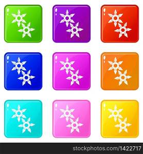 Ninja stars icons set 9 color collection isolated on white for any design. Ninja stars icons set 9 color collection
