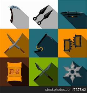 Ninja tools icon set. Flat style set of 9 ninja tools vector icons for web design. Ninja tools icon set, flat style