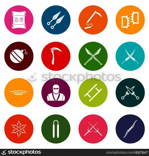 Ninja tools icons many colors set isolated on white for digital marketing. Ninja tools icons many colors set