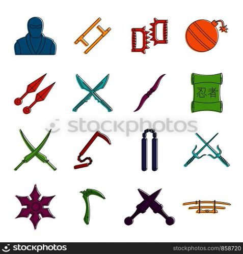 Ninja tools icons set. Doodle illustration of vector icons isolated on white background for any web design. Ninja tools icons doodle set