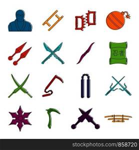 Ninja tools icons set. Doodle illustration of vector icons isolated on white background for any web design. Ninja tools icons doodle set