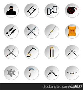 Ninja tools icons set in flat style isolated vector icons set illustration. Ninja tools icons set in flat style