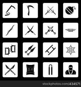 Ninja tools icons set in white squares on black background simple style vector illustration. Ninja tools icons set squares vector
