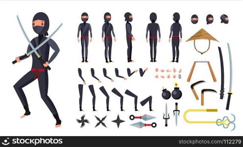 Ninja Vector. Animated Character Creation Set. Ninja Tools Set. Full Length, Front, Side, Back View, Accessories, Poses, Face Emotions, Gestures. Isolated Flat Cartoon Illustration. Ninja Vector. Animated Character Creation Set. Ninja Tools Set. Full Length, Front, Side, Back View, Accessories, Poses, Face Emotions Gestures Isolated Cartoon Illustration