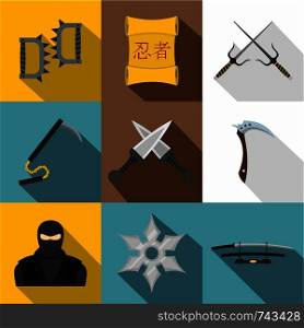 Ninja weapon icon set. Flat style set of 9 ninja weapon vector icons for web design. Ninja weapon icon set, flat style