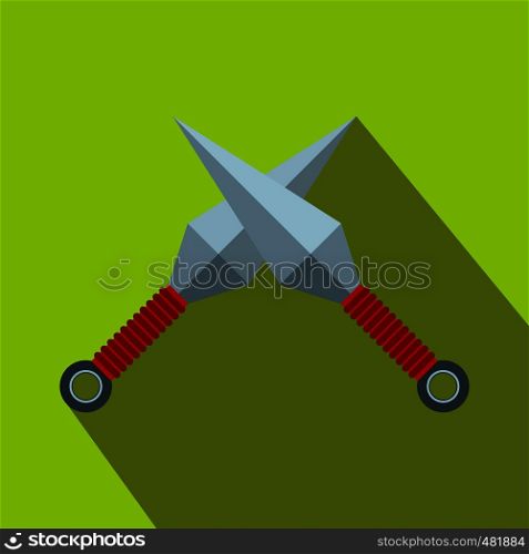 Ninja weapon kunai throwing knifes flat icon on a green background. Ninja weapon kunai throwing knifes flat icon
