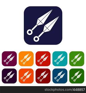Ninja weapon kunai, throwing knives icons set vector illustration in flat style In colors red, blue, green and other. Ninja weapon kunai icons set flat