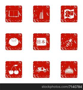 Nippon icons set. Grunge set of 9 nippon vector icons for web isolated on white background. Nippon icons set, grunge style