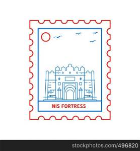 NIS FORTRESS postage stamp Blue and red Line Style, vector illustration