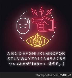 Nitpicking neon light concept icon. Humiliation in family. Insulting partner. Bullying. Autocratic education idea. Glowing sign with alphabet, numbers and symbols. Vector isolated illustration