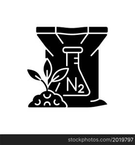 Nitrogen fertilizer black glyph icon. Plants and crop nourishing. Growth and fertility increasing. Chemical supplement. Silhouette symbol on white space. Vector isolated illustration. Nitrogen fertilizer black glyph icon