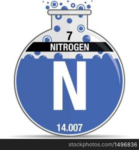 Nitrogen symbol on chemical round flask. Element number 7 of the Periodic Table of the Elements - Chemistry. Vector image