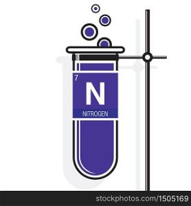Nitrogen symbol on label in a violet test tube with holder. Element number 7 of the Periodic Table of the Elements - Chemistry